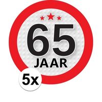 5x 65 Jaar leeftijd stickers rond 9 cm verjaardag versiering - thumbnail