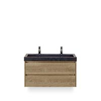 Dante Badmeubelset 100 cm - Natuur Eiken - Wastafel Hardsteen Wit Lucca 2 kraangaten