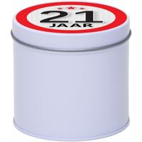 Cadeau koek of snoep blik - met 21 jaar opdruk sticker - 10 x 10 cm - Cadeauverpakking verjaardag