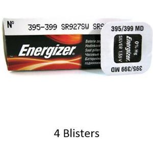 4 stuks (4 blisters a 1 stuk) Energizer 395 / 399 SR927SW 52mAh 1.55V knoopcel batterij