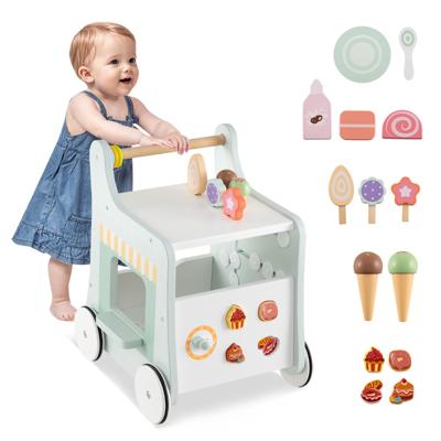 2-In-1 Houten Loopwagen Peuterloopwagen met Ijs Glijbanen Doolhof Bord en Lepel Montessori-Activiteitencentrum voor Kinderen 1+