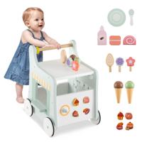 2-In-1 Houten Loopwagen Peuterloopwagen met Ijs Glijbanen Doolhof Bord en Lepel Montessori-Activiteitencentrum voor Kinderen 1+