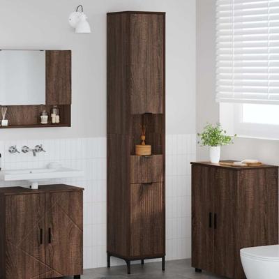Hoge badkamerkast met lade bruin eikenkleur 31.5 x 33 x 190 cm