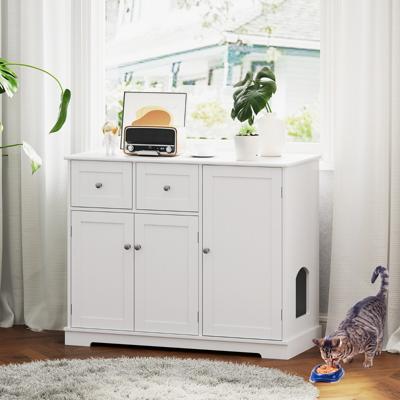 Verborgen Kattenbakkast met Opbergruimte Houten Kattenkast met 3 Deuren en 2 Lades Anti-Kantelsets Binnenmeubilair voor Katten