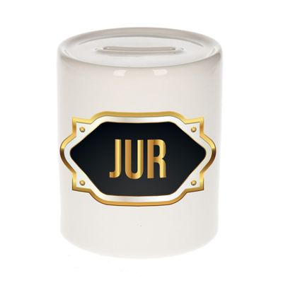 Naam cadeau spaarpot Jur met gouden embleem
