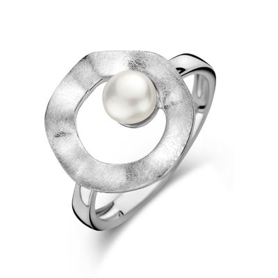 Ring Parel Gescratcht zilver-zoetwaterparel wit 15 mm
