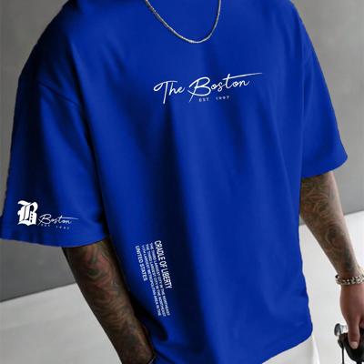 Bon&Bon Men's Letter Print T-Shirt - Casual Apricot Drop Shoulder Tee Blue / XL