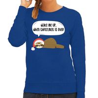 Luiaard Kerstsweater / outfit Wake me up when christmas is over blauw voor dames - thumbnail