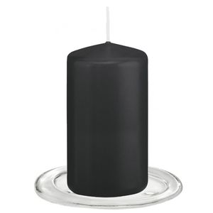 Trend Candles - Stompkaarsen met glazen onderzetters set van 2x stuks - zwart 6 x 12 cm