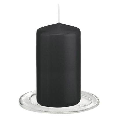 Trend Candles - Stompkaarsen met glazen onderzetters set van 2x stuks - zwart 6 x 12 cm