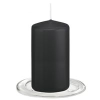 Trend Candles - Stompkaarsen met glazen onderzetters set van 2x stuks - zwart 6 x 12 cm