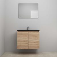 On-Line Badkamermeubelset - 80 cm - Voorgemonteerd - Greeploze Ladestructuur - Acryl Wastafel - 1 Kraangat - Spiegel - Eiken