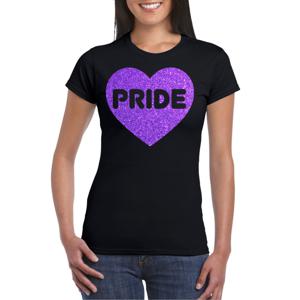 Gay Pride T-shirt voor dames - pride - paars glitter hartje - zwart - LHBTI