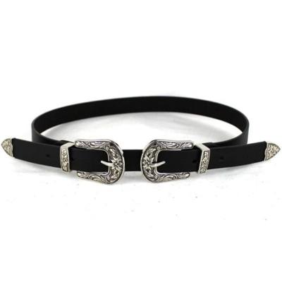 Vrouwen zwart leder westerse cowgirl taille metalen gesp tailleband nieuwe hete zilveren dubbele gesp zwarte bodem