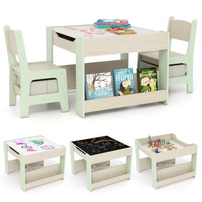 3-delige Bureau- en Stoelset voor Kinderen 4-in-1 Activiteiten Tafel met Omkeerbaar Tafelblad Boekenplank en Opbergdoos