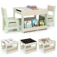 3-delige Bureau- en Stoelset voor Kinderen 4-in-1 Activiteiten Tafel met Omkeerbaar Tafelblad Boekenplank en Opbergdoos