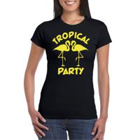 Tropical party T-shirt voor dames - met glitters - zwart/geel - carnaval/themafeest