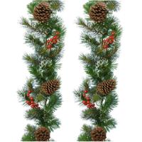 Decoris Guirlande - Set van 2x stuks - kerstslinger - groen - nepsneeuw en deco - 270 cm