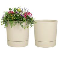 Mica Decorations Bloempot Coco - 2x - met onderschaal - beige - H30 x D28 cm - kunststof - buiten