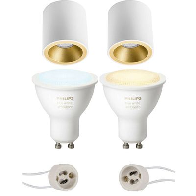 Pragmi Cliron Pro - Opbouw Rond - Mat Wit/goud - Verdiept - Ø90mm - Philips Hue - Opbouwspot Set Gu10 - White Ambiance -