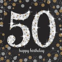 16x stuks 50 jaar verjaardag feest servetten zwart met confetti print 33 x 33 cm   - - thumbnail