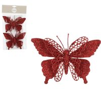 House of Seasons vlinders op clip - 2x stuks - rood glitter - 16 cm