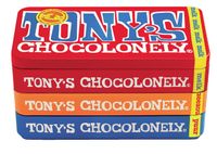 Chocolade Tony's Chocolonely reep 180gr in blik puur-melk en karamel zeezout