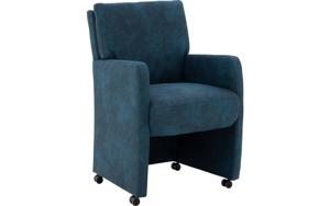 Goossens Eetkamerstoel Leen blauw microvezel met armleuning en met wielen, stijlvol landelijk
