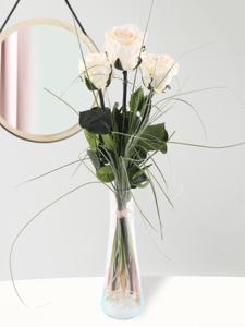 Drie crèmekleurige long life rozen inclusief vaasje