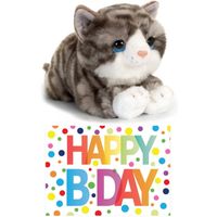 Cadeau setje pluche grijze kat/poes knuffel 32 cm met Happy Birthday wenskaart - thumbnail