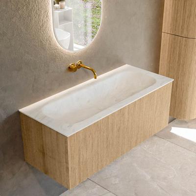 Badmeubel Mondiaz Kurve-Dlux | 110 cm | Meubelkleur Oak | Wastafelkleur Opalo | Solid surface | Midden spoelbak | Zonder kraangat(en)