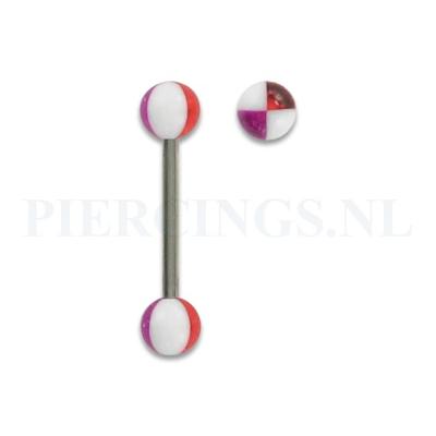 Tongpiercing acryl geblokt rood wit paars 5 mm