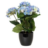 Hortensia kunstplant met bloemen blauw - in pot zwart - 40 cm hoog