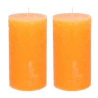 Stompkaars/cilinderkaars - 2x - oranje - 7 x 13 cm - rustiek model - Stompkaarsen