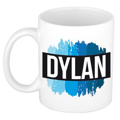 Dylan naam cadeau koffie mok - beker - met blauw verfstrepen - Cadeau collega - vaderdag