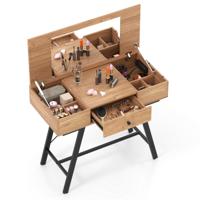 Make-up Tafel met Grote Spiegel & Oplaadstation & Klapdeksel & Lade Cosmeticatafel Natuur