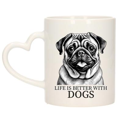 Cadeau mok voor honden liefhebbers - Mopshondje - wit - hartjes oor - keramiek - 300 ml