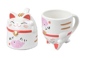 Wit/Rood/Roze beker - Lucky Cats - 8.5 x 9.8cm 350ml