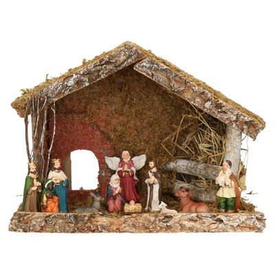 Complete kerststal met 11x st kerststal beelden - 32 x 17 x 25 cm - hout/polyresin