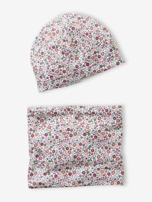 Bloemige set voor meisjes muts + snood rozenhout