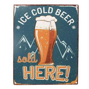 Clayre & Eef Tekstbord 20x25 cm Blauw Geel Ijzer Ice cold beer Wandbord Blauw Wandbord