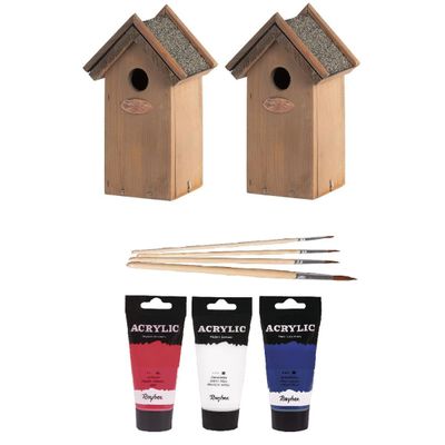 2x Houten vogelhuisje/nestkastje 22 cm - rood/wit/blauw Dhz schilderen pakket