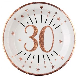 Santex Verjaardag feest bordjes leeftijd - 10x - 30 jaar - rose goud - karton - 22 cm   -