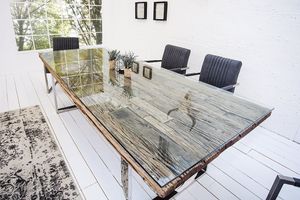 Massieve eettafel BARRACUDA 180cm antiek teakhout met stalen sledepoten inclusief glazen blad - 36648