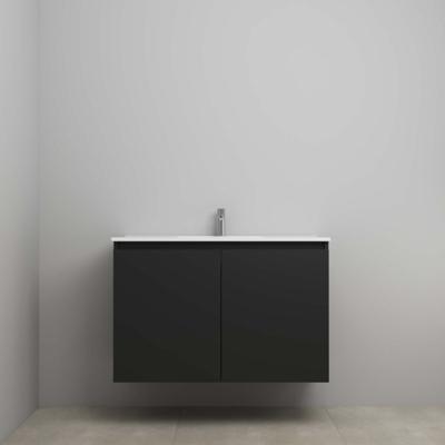On-Line Onderkast - 100 cm - Bouwpakket - Greeploos 2 Deuren - Porseleinen Wastafel - 1 Kraangat - Mat Zwart