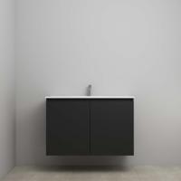 On-Line Onderkast - 100 cm - Bouwpakket - Greeploos 2 Deuren - Porseleinen Wastafel - 1 Kraangat - Mat Zwart