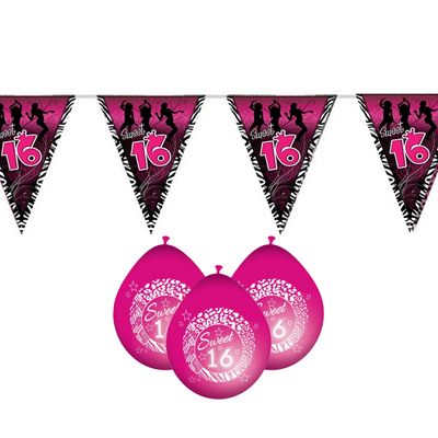 Sweet 16/Sixteen versiering pakket vlaggetjes/ballonnen roze