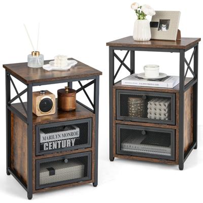(Twee) Moderne Salontafel Bijzettafel met 2 Uitklapbare Laden & Open Schap Nachtkastje met 3 Etages en Metalen Frame Bruin