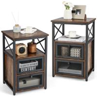 (Twee) Moderne Salontafel Bijzettafel met 2 Uitklapbare Laden & Open Schap Nachtkastje met 3 Etages en Metalen Frame Bruin