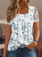 Casual Lace Square Neck Floral Shirt